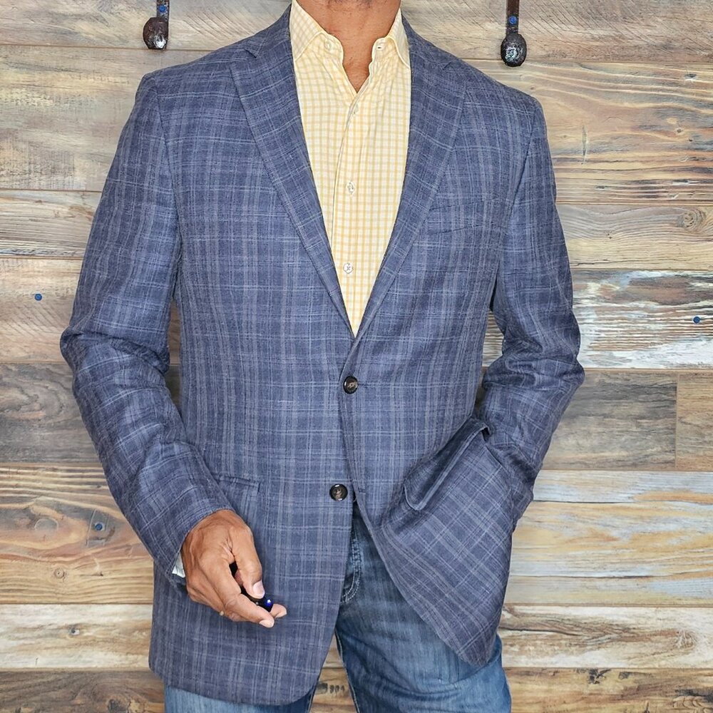 Ralph Lauren Wool Silk Linen Blue Plaid Unconstructed Blazer Jacket 42L